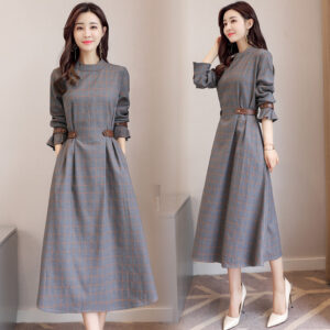 Korean Checked Sleeve Long Dress